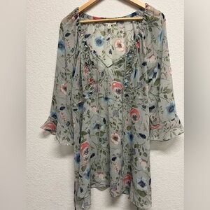 Jessica Simpson Maternity Aqua Floral Print Sheer Bell Sleeve Top XL
